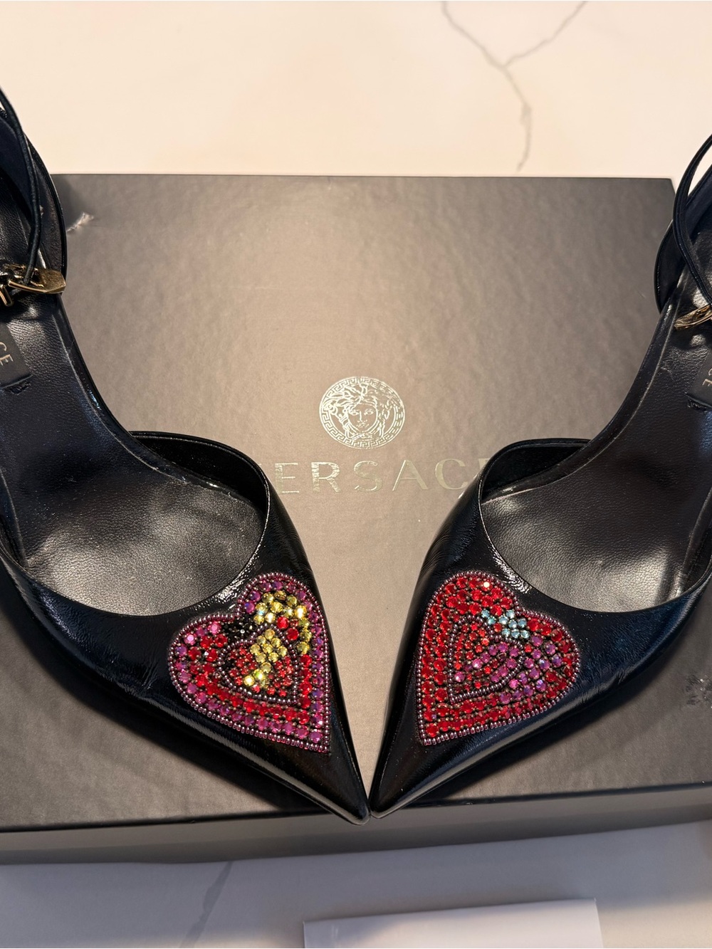 Versace Black Leather Pointed Slingback Pumps with Beaded Heart Motifs